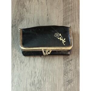 Vintage Black Cosmetic Case Sewing Kit Tortoise Shell Comb Nail Tools Gold Flowe